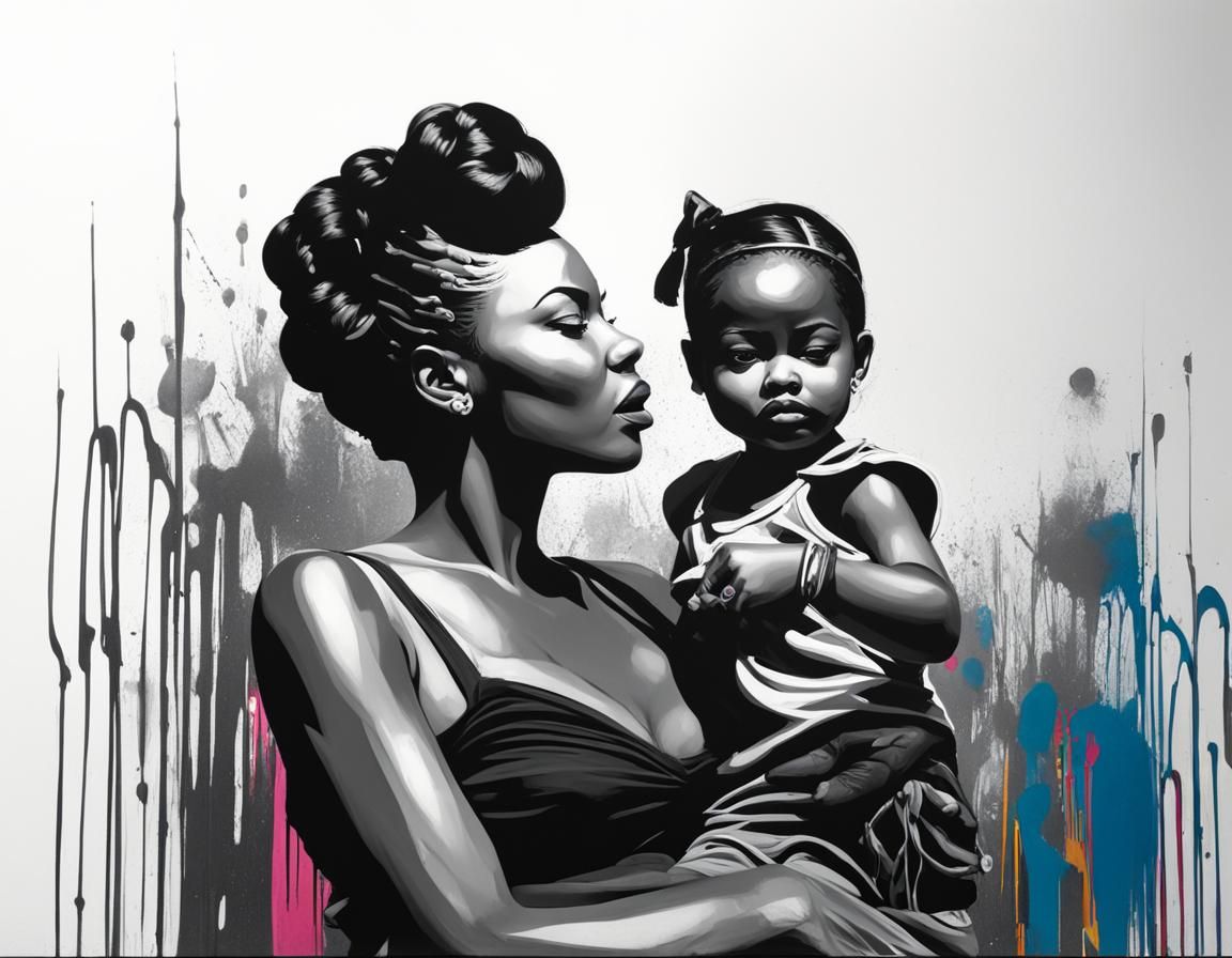 Black Mother and Daughter 1950s graffiti art, splash art, street art