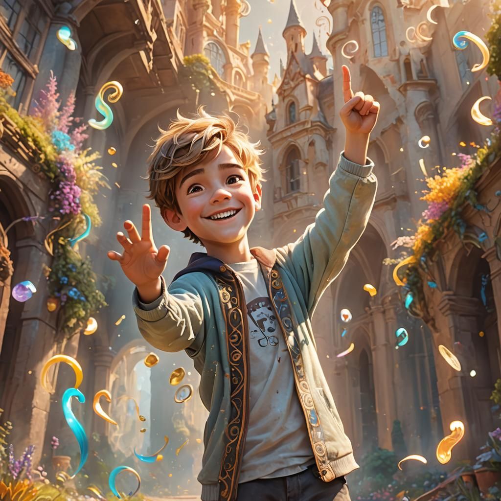 Smiling Boy Gives Thumbs Up in Pastel Dreamscape