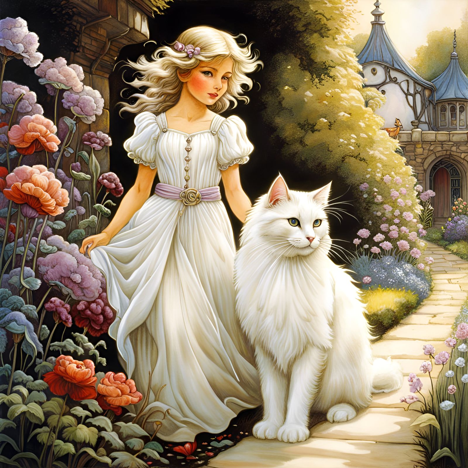 Beautiful white fluffy fantasy cat with girl,  garden path, ...