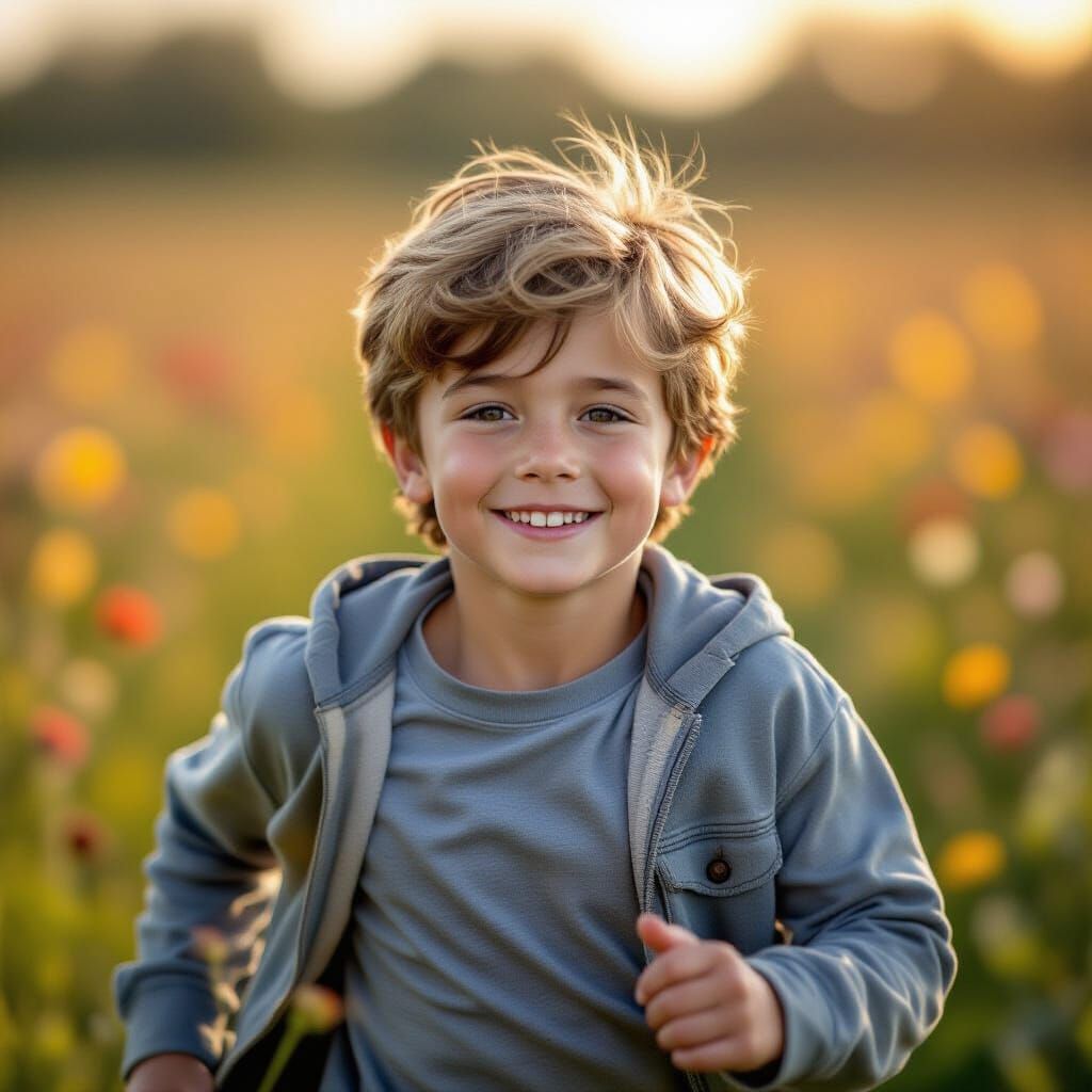 Joyful Boy Runs Through Colorful Open Fields