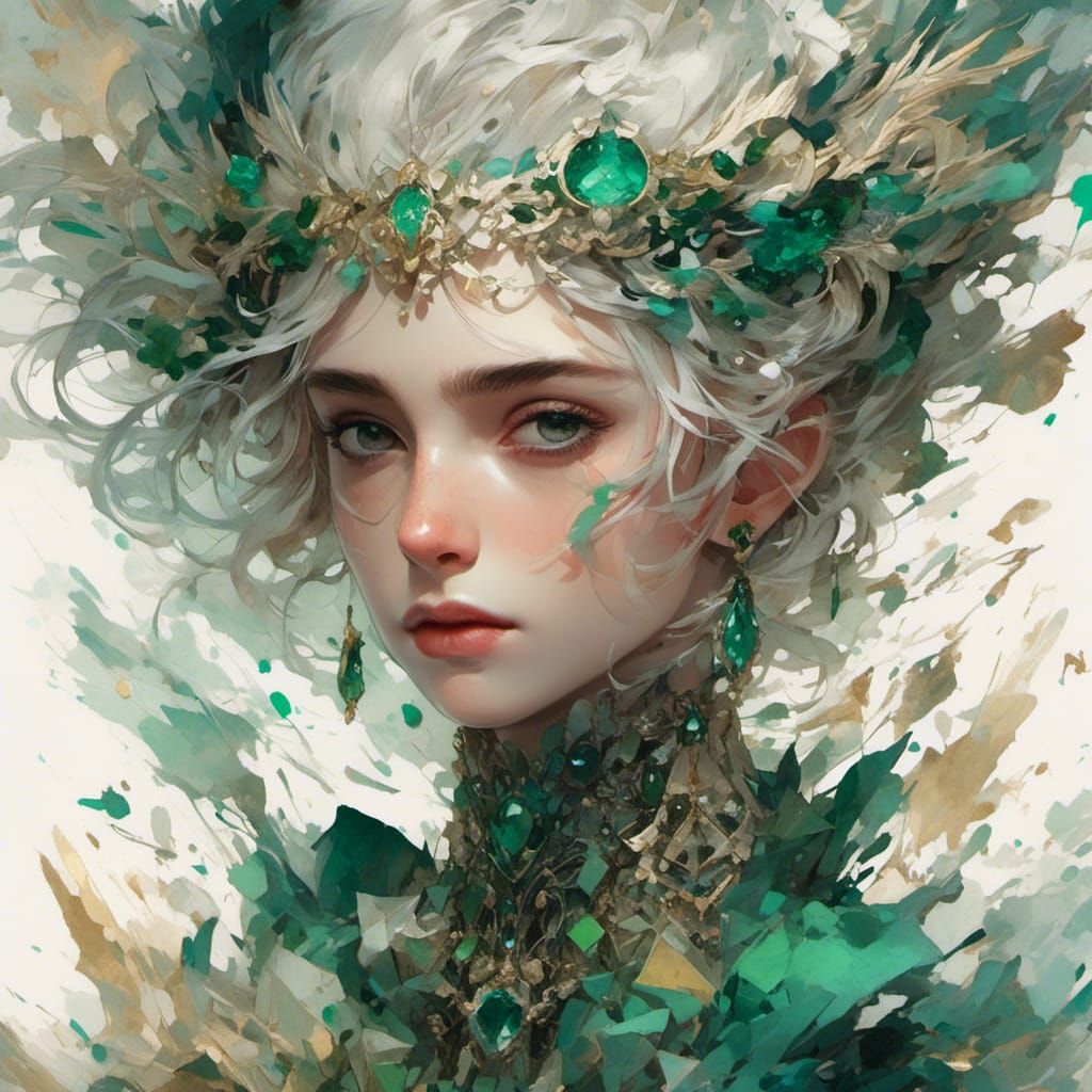 <lora:Moody Ornaments:1.0> head and shoulder, Timothée Chalamet, elegant, Raw gemstone, emerald gemstone, collar gemstone, detailed matte pa...