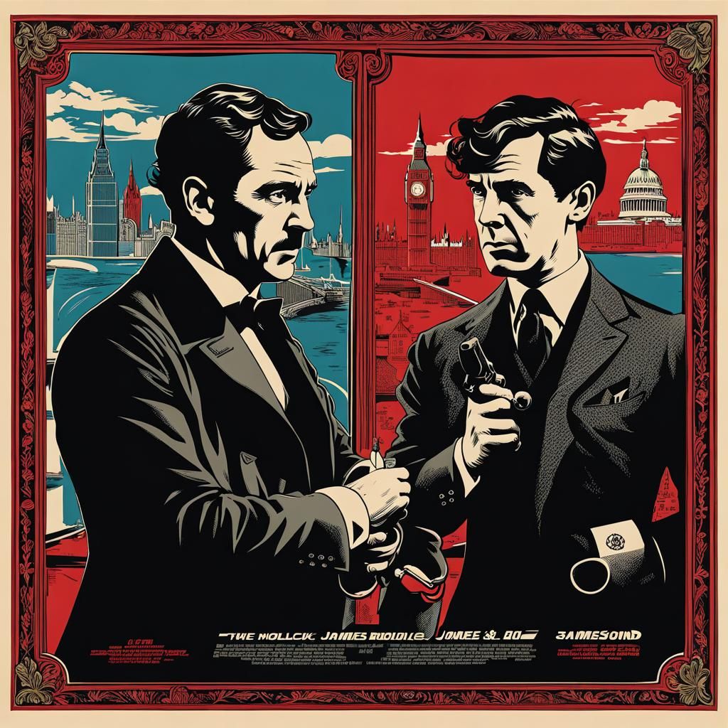 sherlock holmes meets james bond, five color screenprint