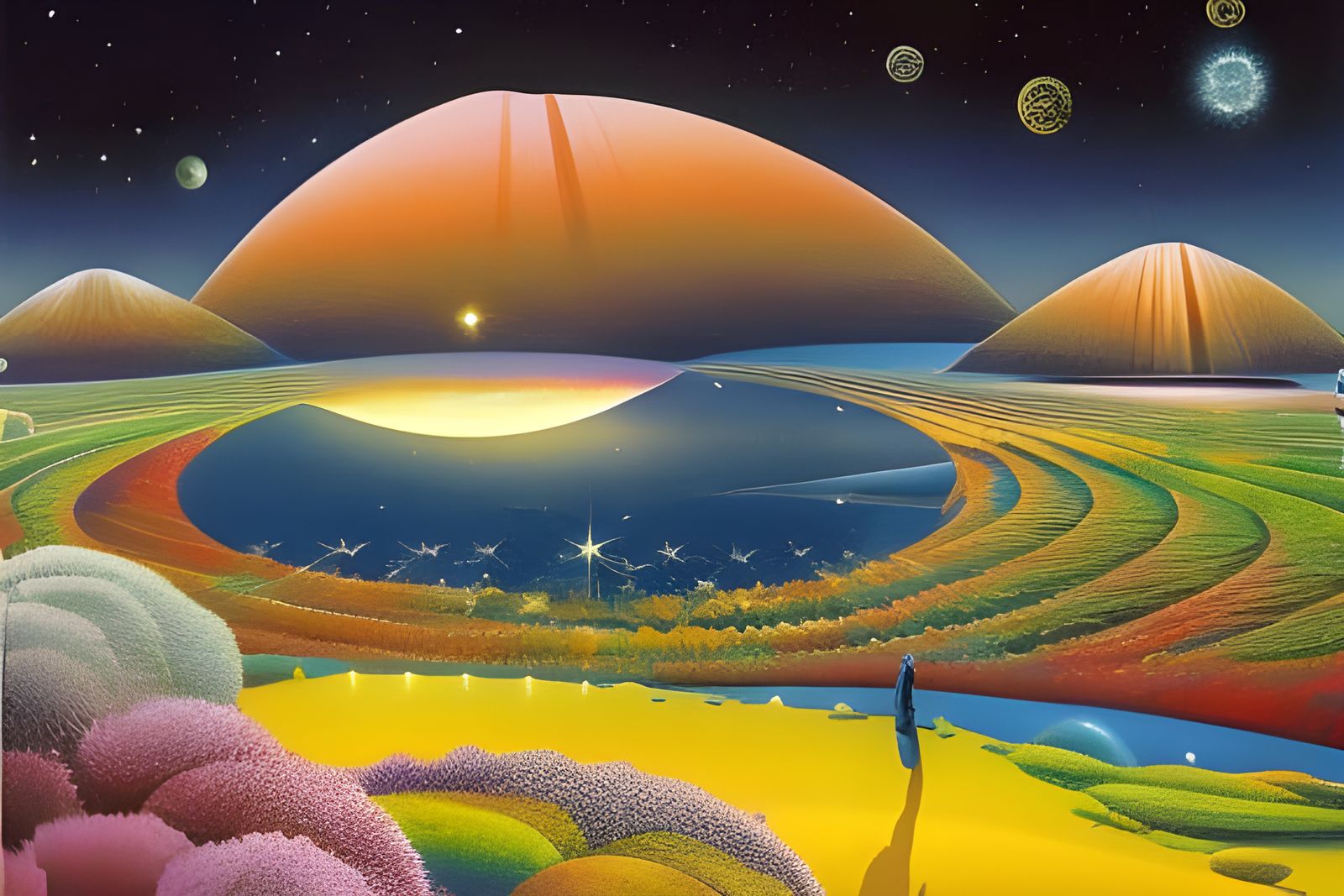 Abstract agricultural landscape with starry sky.