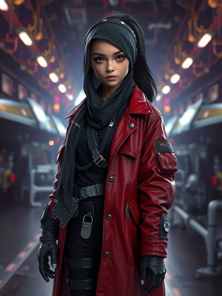 Cyberpunk Arab Girl in Black Pilot Attire in a Dark Fantasy...