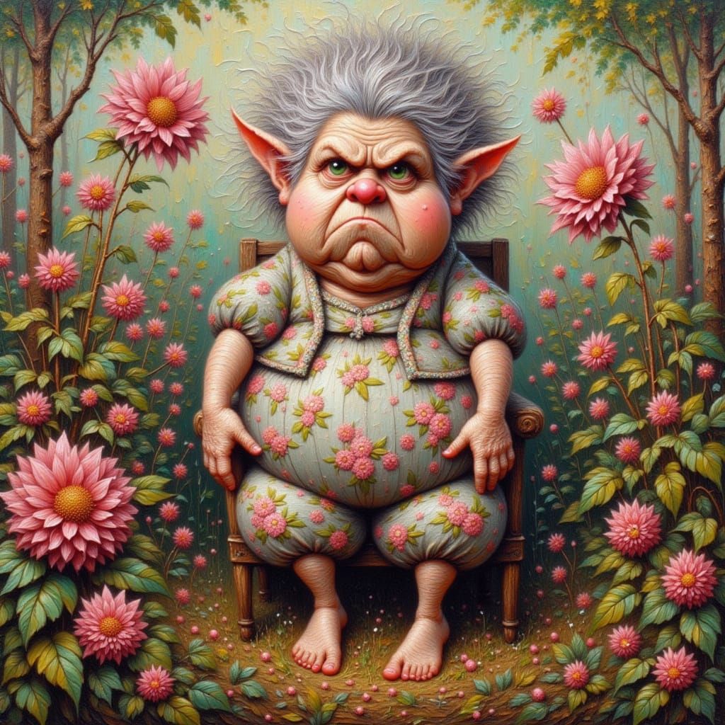 <lora:Kak-moodyfairy:1.0>Impasto painting, a field made entirely of deep impasto painted colorful flowers and strawberries, with a very grum...