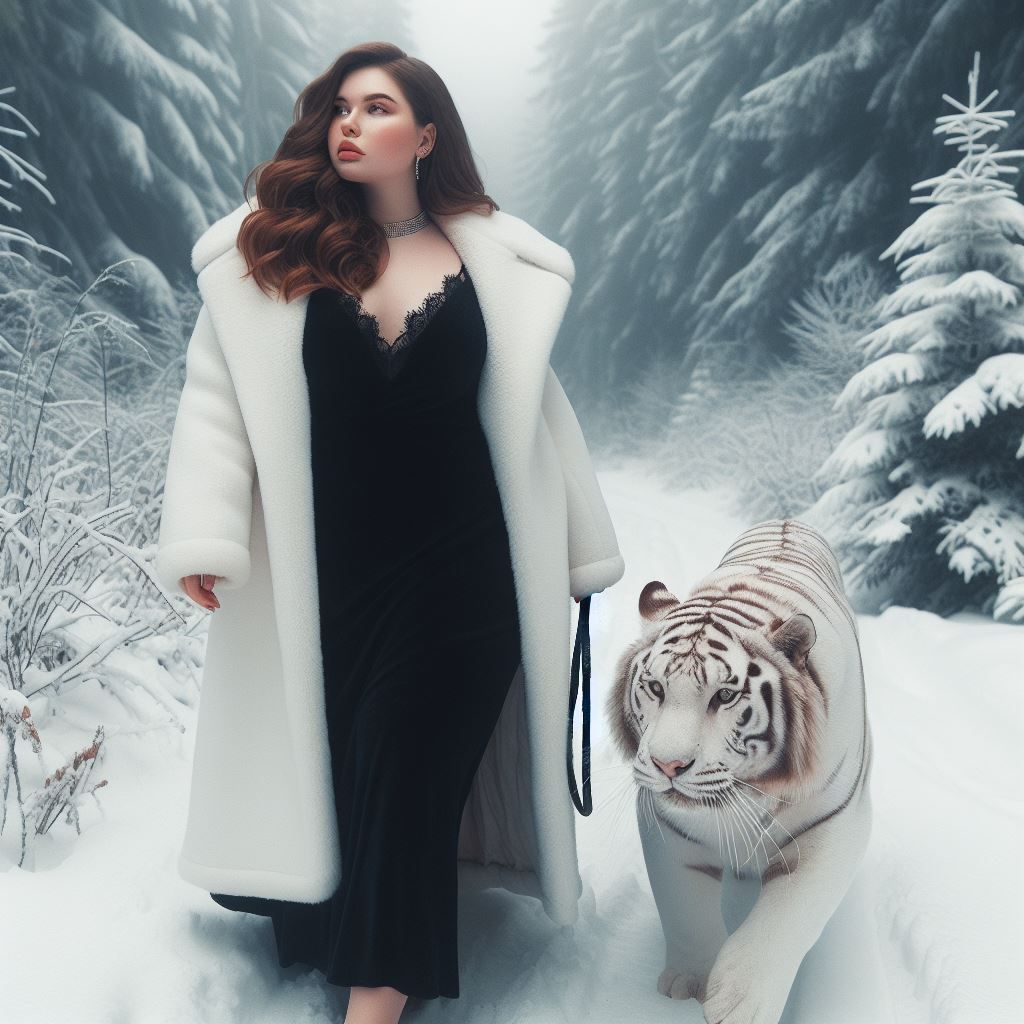 Lady walking pet white tiger
