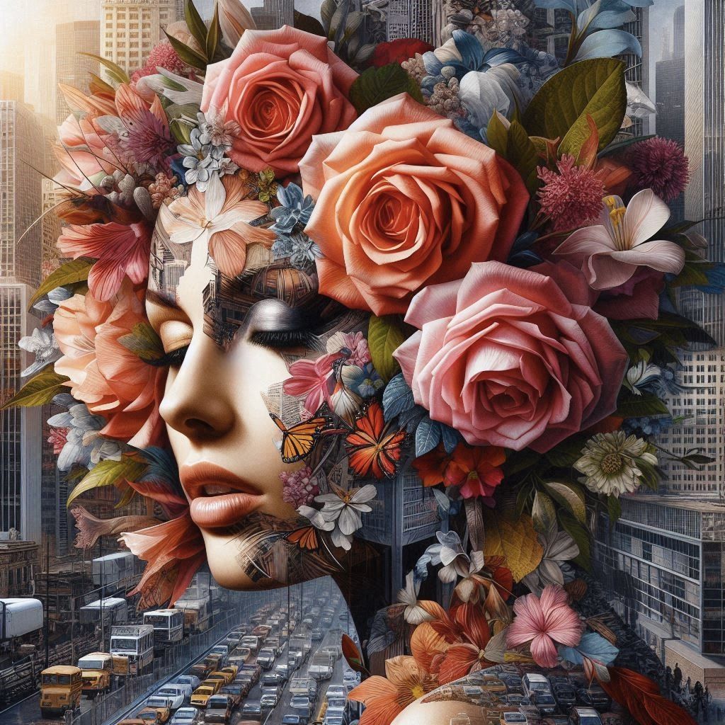 Floral woman - double exposure city