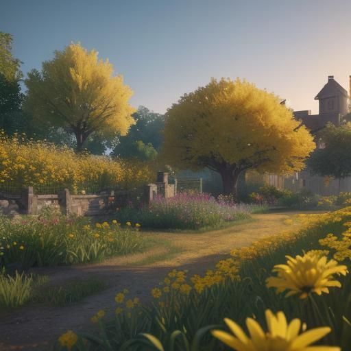 close-up of a rural garden with yellow flowers in golden hou...