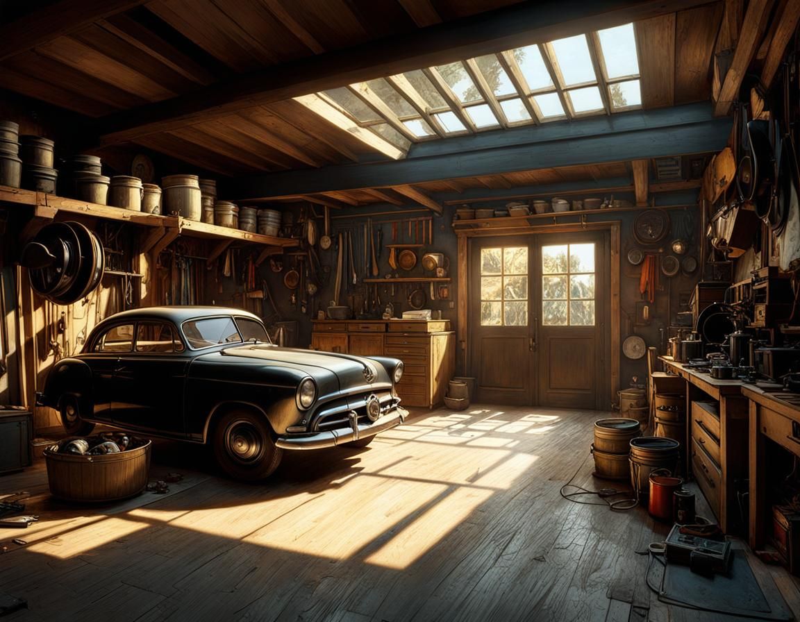 Dad's messy garage by Arthur Rackham, WLOP, Alphonse Mucha, Bill Sienkiewicz, mid shot: reflections, ...  by @Drivers
