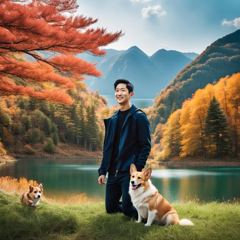 Actor Jung Hae In a beautiful forest with mountains and a la...
