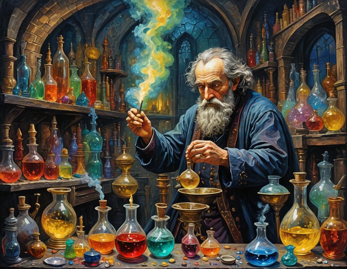 In the style of Gustave Doré, generate an image of an alchemist in the final stages of creating the elixir ...  by @Exo1124
