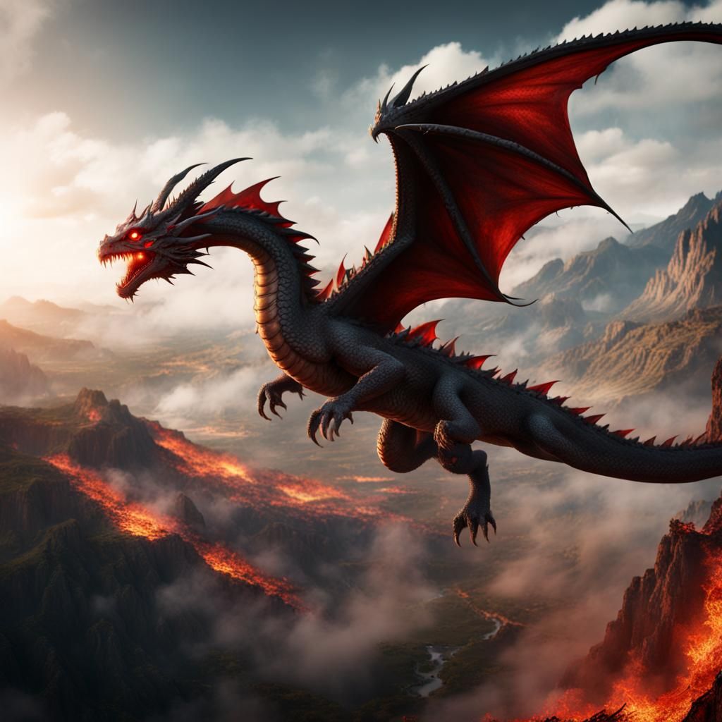 A scary Dragon with red scales breathing fire, flying over a valley ...