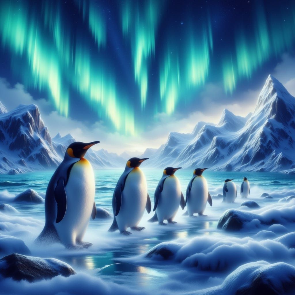 Penguin Family Wades Under Aurora Borealis in Storybook Styl...