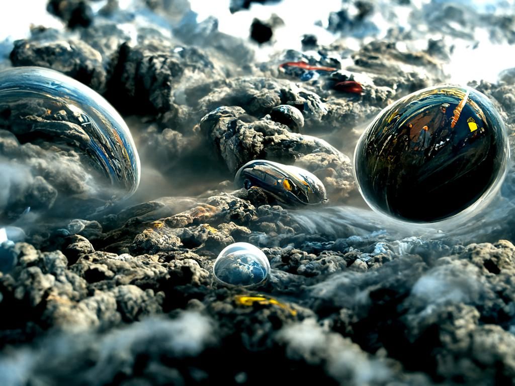 View of a stormy planet from inside an asteroid belt made of...