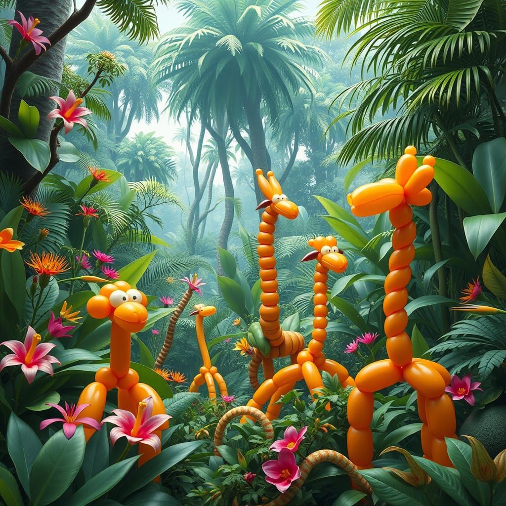 A realistic jungle scene, filled with balloon animals  by @Tangled Serendipity