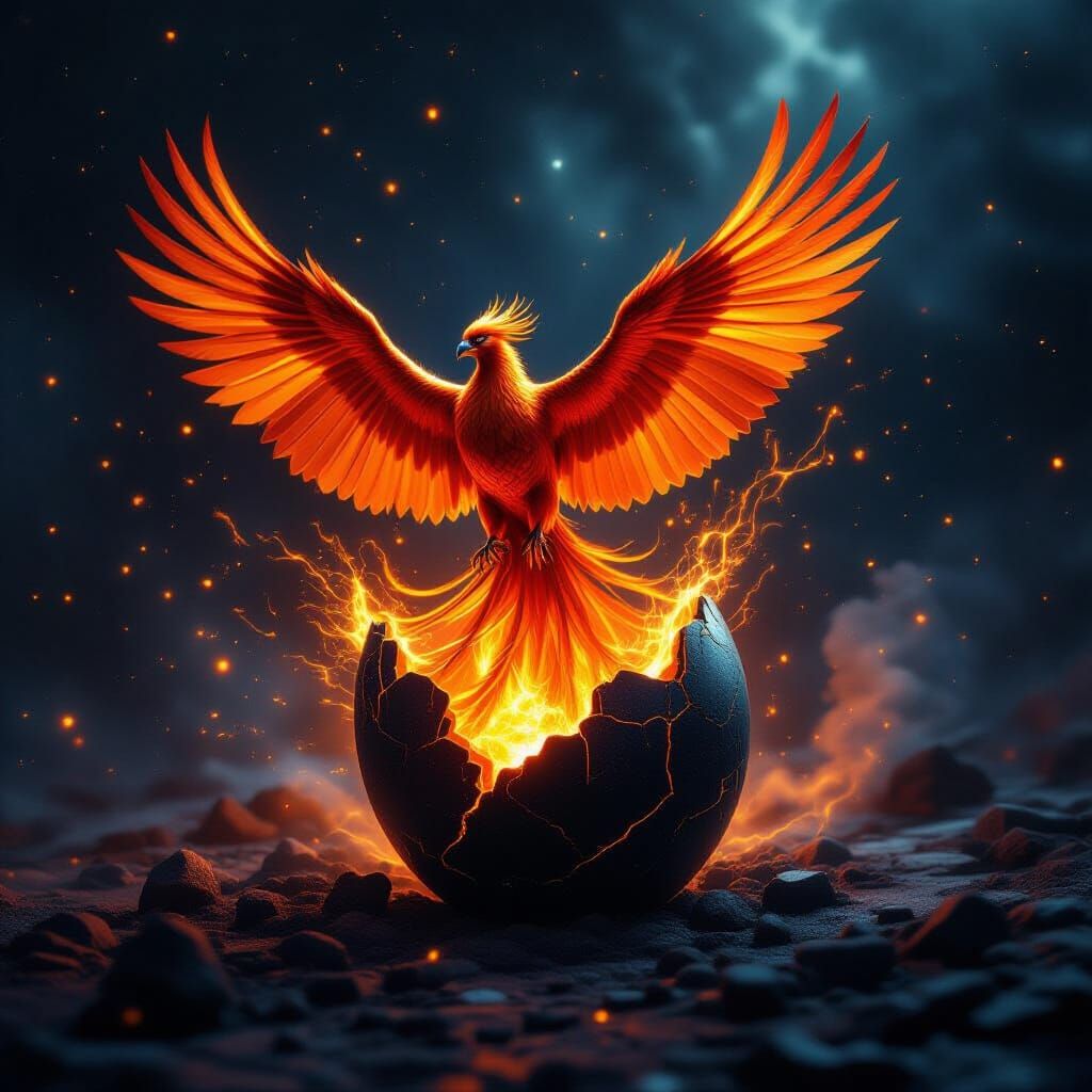 A majestic phoenix, its feathers ablaze with fiery oranges and deep crimsons, erupts from a cracked, obsidian egg. The scene is set against ...