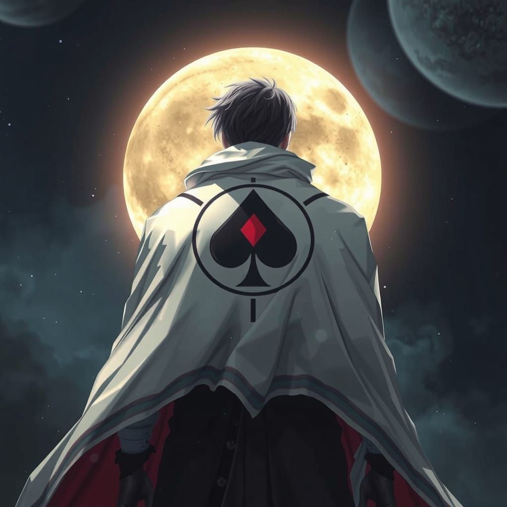 Anime man with a white cloak and a "full moon symbol on the back of the cloak with the ace symbol inside the moon"