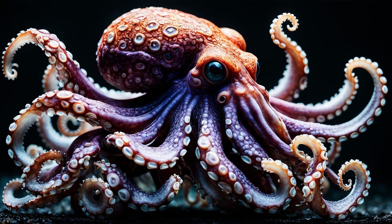 **Macro cinematography:** A hyper-detailed, deep-textured, colorful octopus fills the frame. Its intricate, swirling ornamentals pulse with...