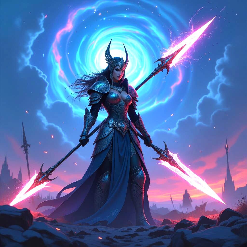 A powerful Valkyrie warrior stands on a battlefield strewn with glowing, otherworldly weapons. She is clad in ornate armor adorned with cele...