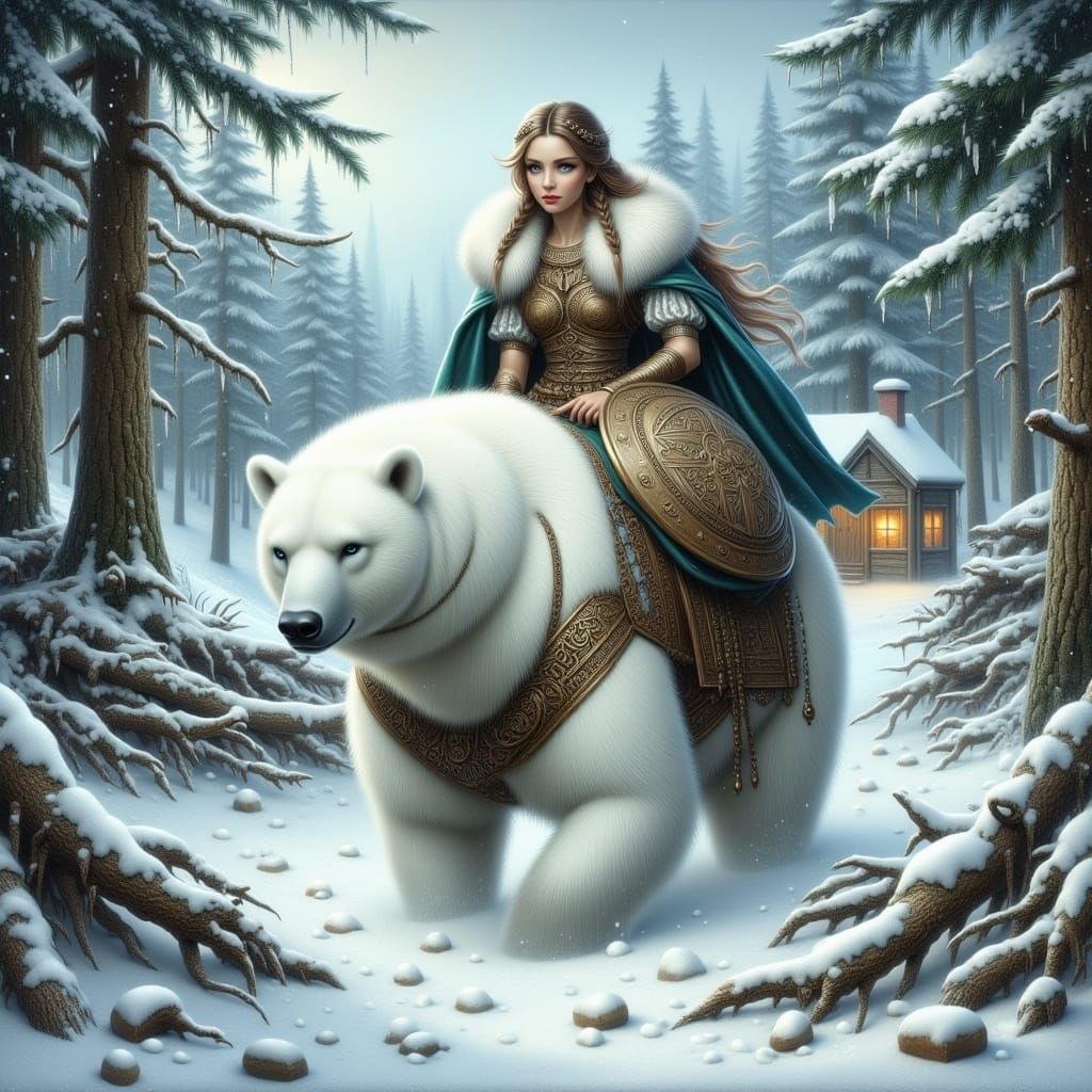 <lora:Winter Feiertage:1.0> a schildmaid riding on a huge white Polarbear, through a northern forest, Snowflakes falling from the sky, foggy...