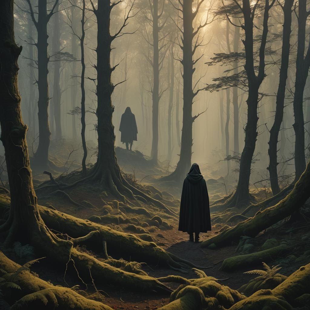 A tall skinny black figure watching a person in the forest