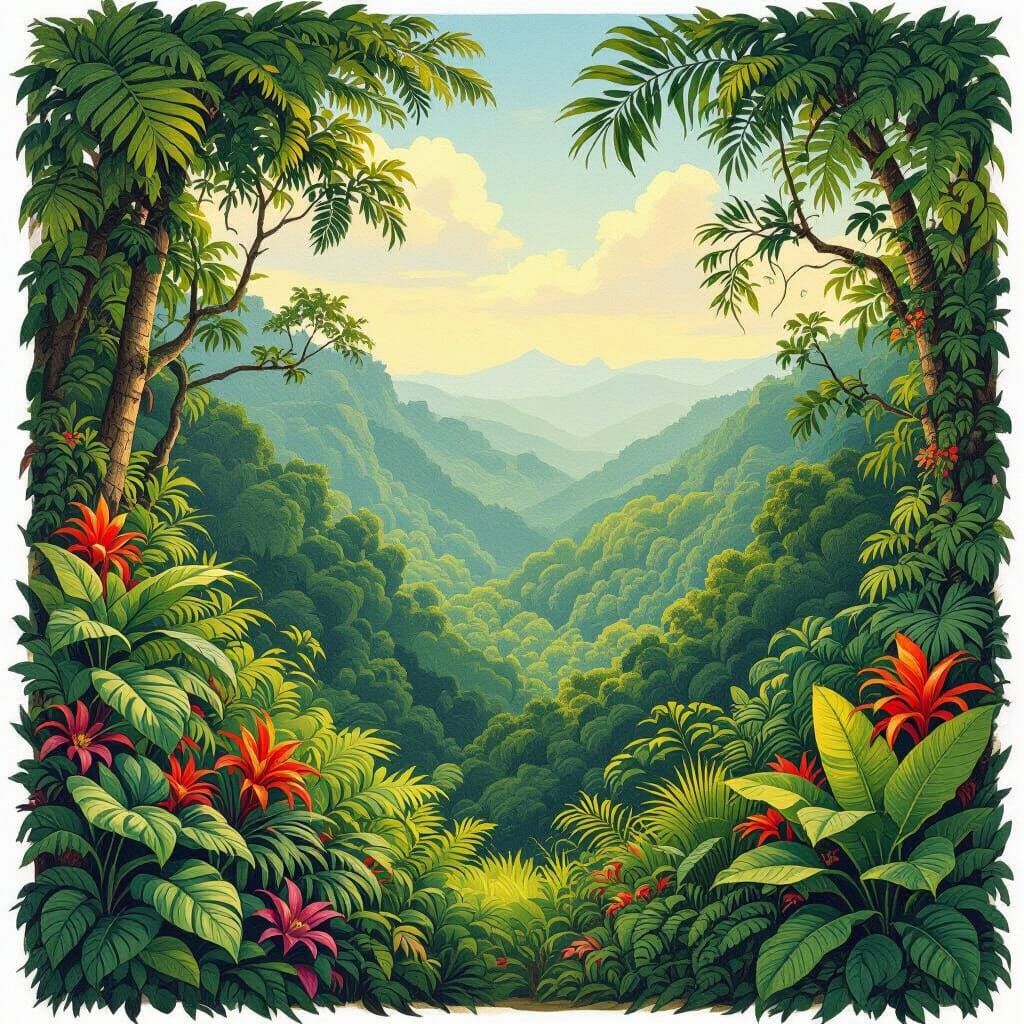 Lush Jungle Landscape in Naive Art Style