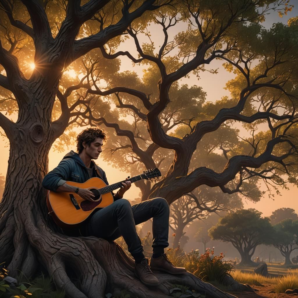 young man sitting against a tree playing a guitar sunset