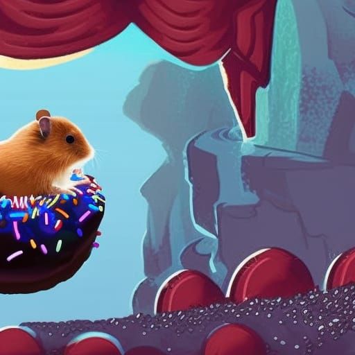 A Hamster on a donut in a cave