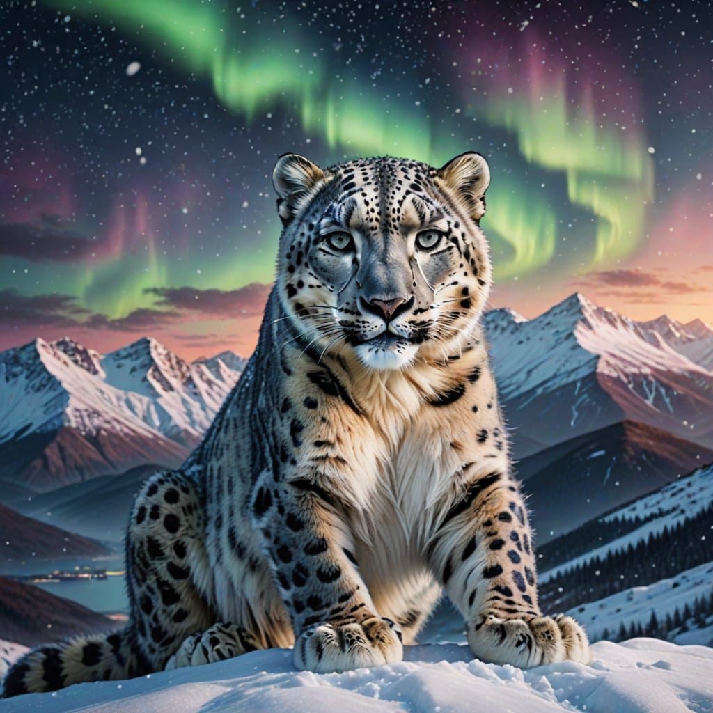 Leopard des neiges, aurore boréale   by @Jobriherya