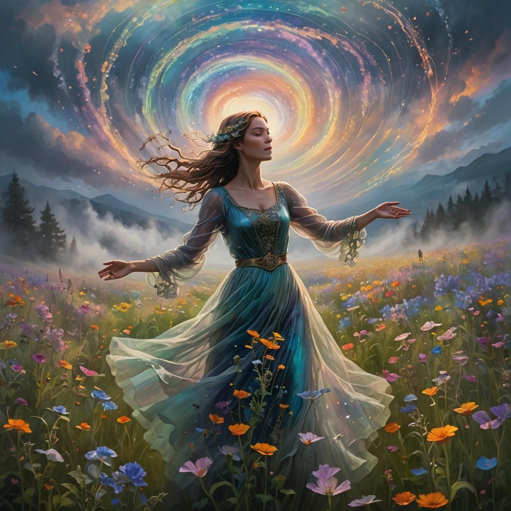 Painting of a woman standing in a field, magical realism, st...