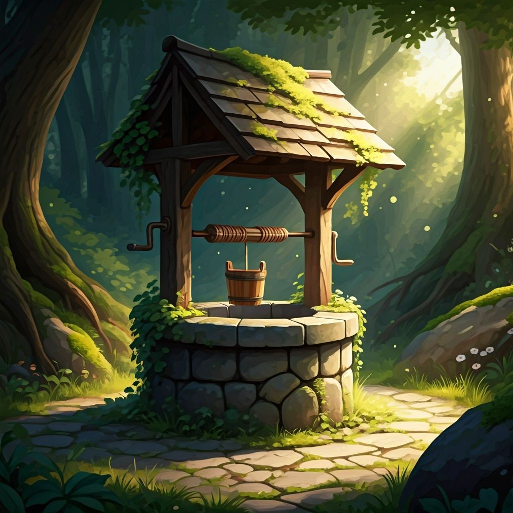 Mossy Wishing Well in Sunlit Forest Clearing