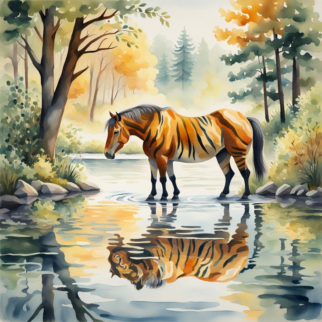 Horse and Tiger Reflection in Watercolor Painting