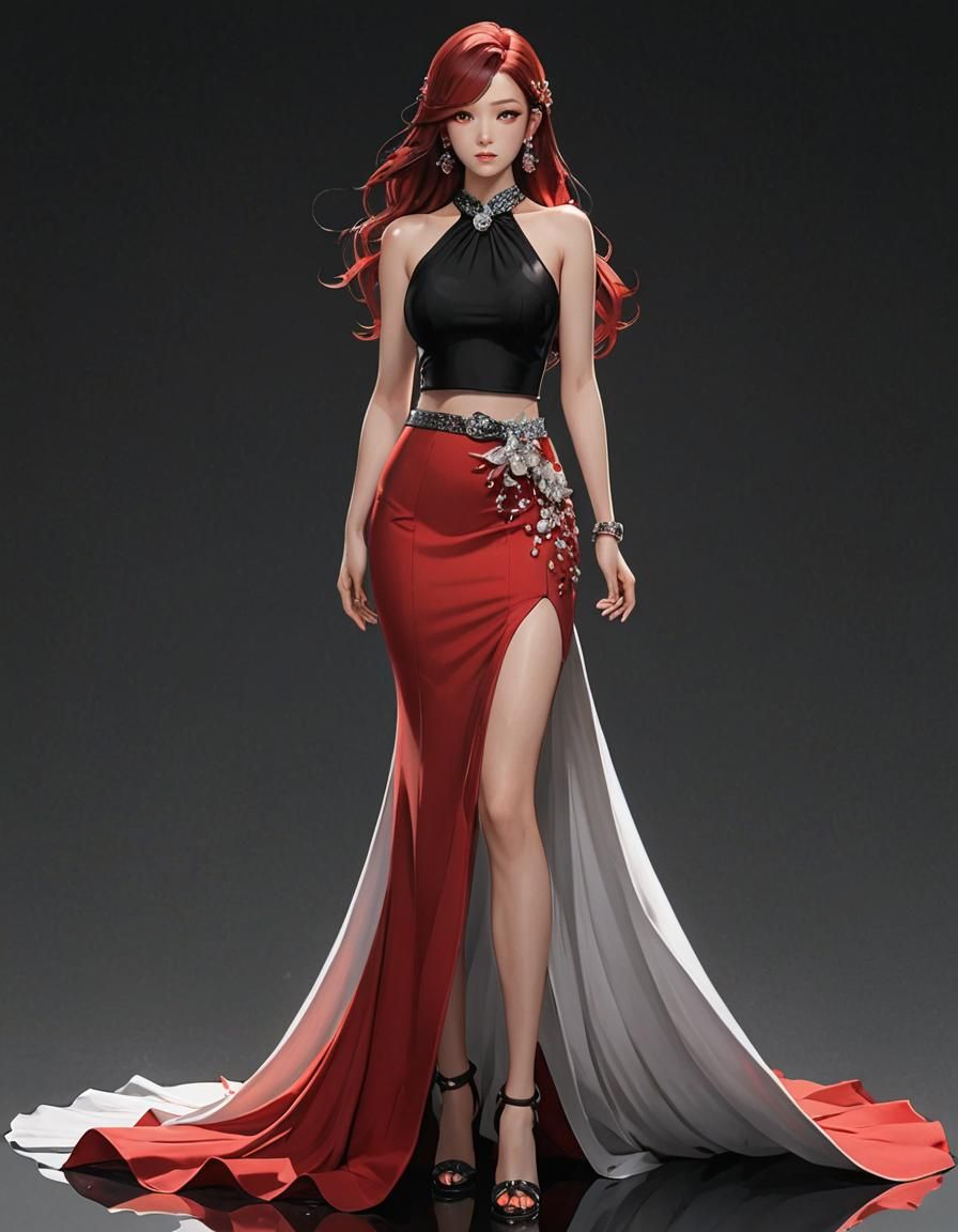 Red (Mermaid Dress with Halter Style Gem Encrusted Black Top...