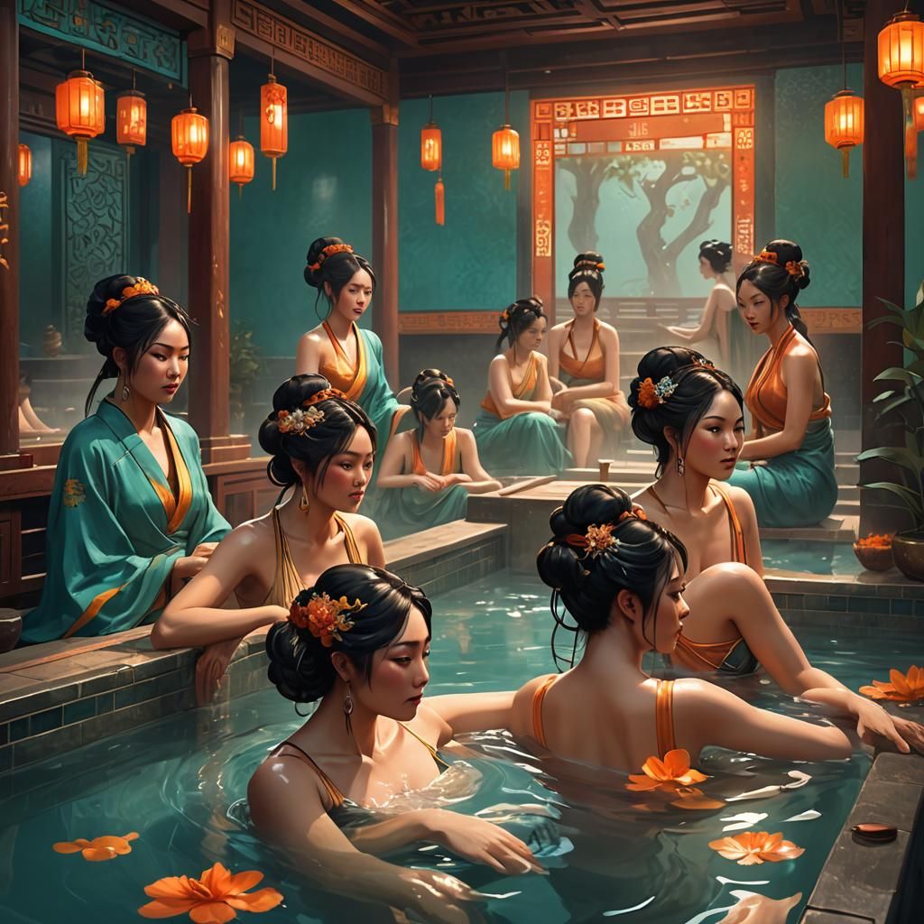 Bathing women in a Chinese bathhouse, classic look, 500 BC