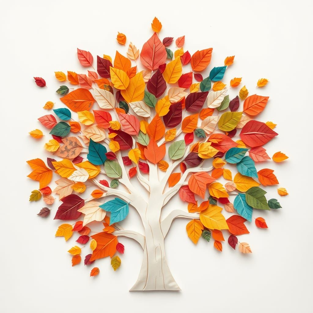 A colorful collage of layered paper leaves in different shap...