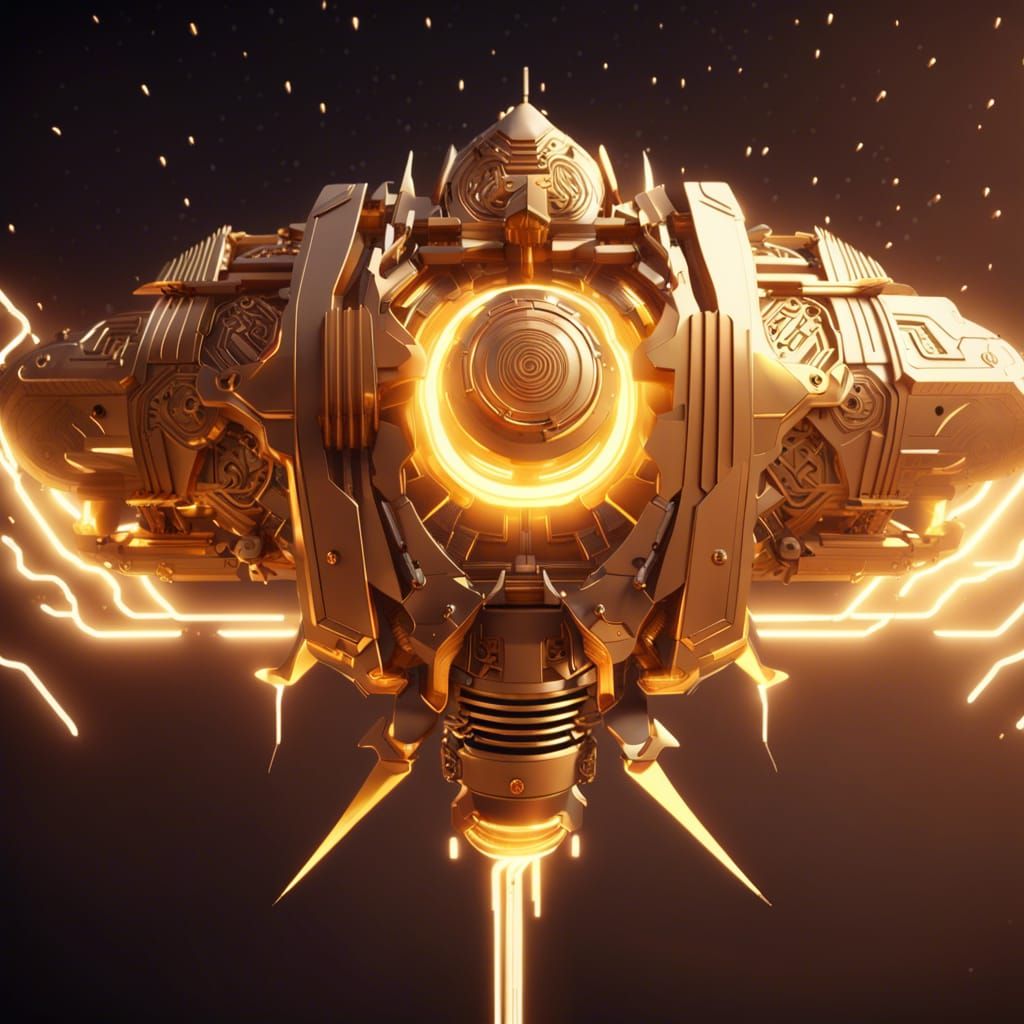 Massive Golden Colored Weapon Flying In Space With Ancient Hindu 