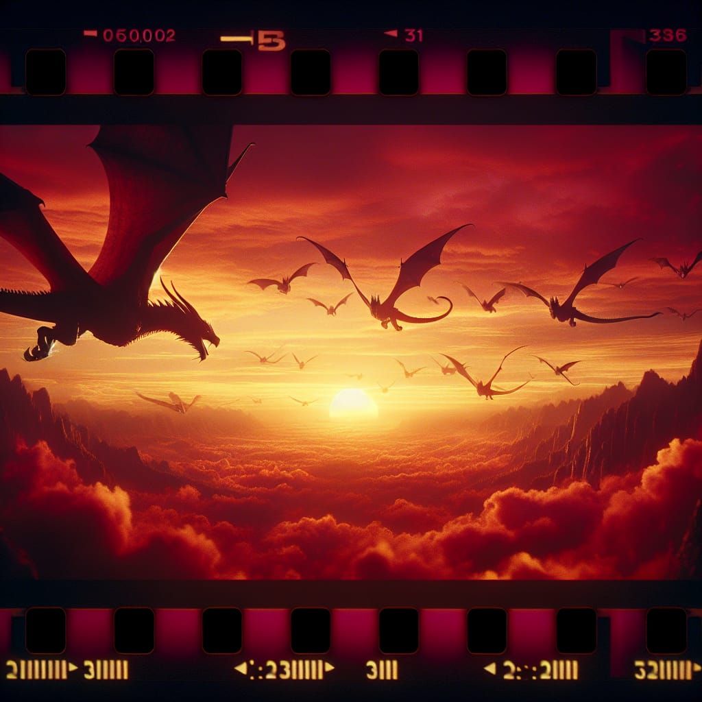 dragons at sunset flying
