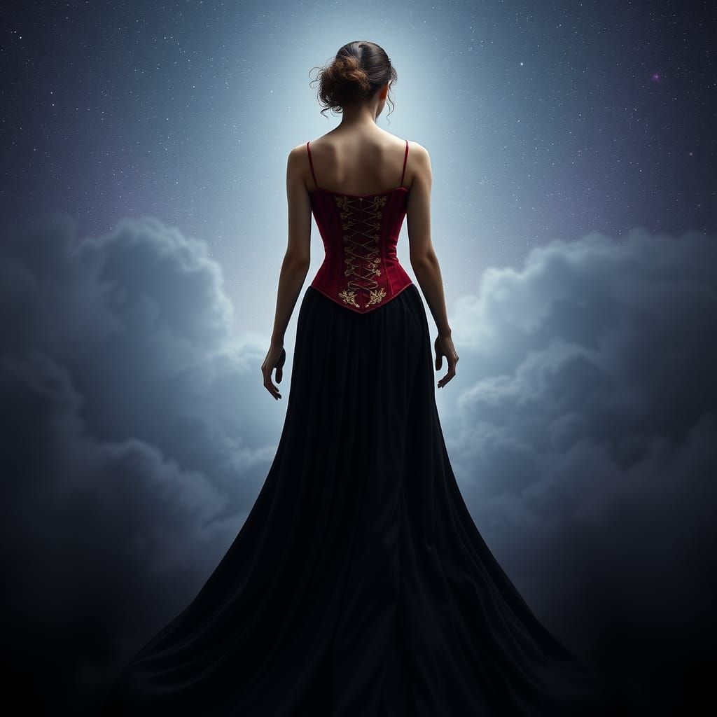 <lora:Morbid:1.0> a woman dressed in a red corset stepping i...
