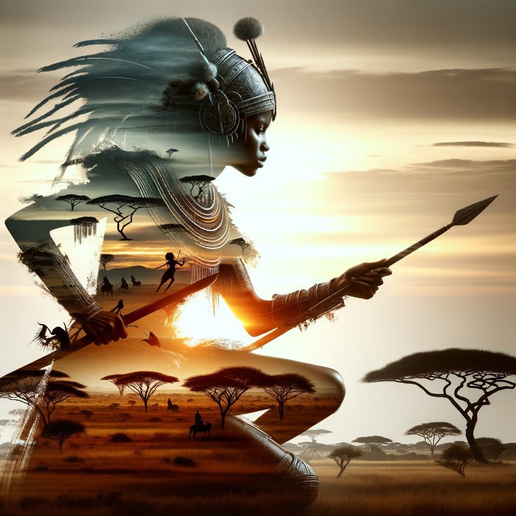 A stunning double exposure composition featuring Nzinga Mbande the Warrior Queen fighting a battle seamlessly ...  by @Garilano