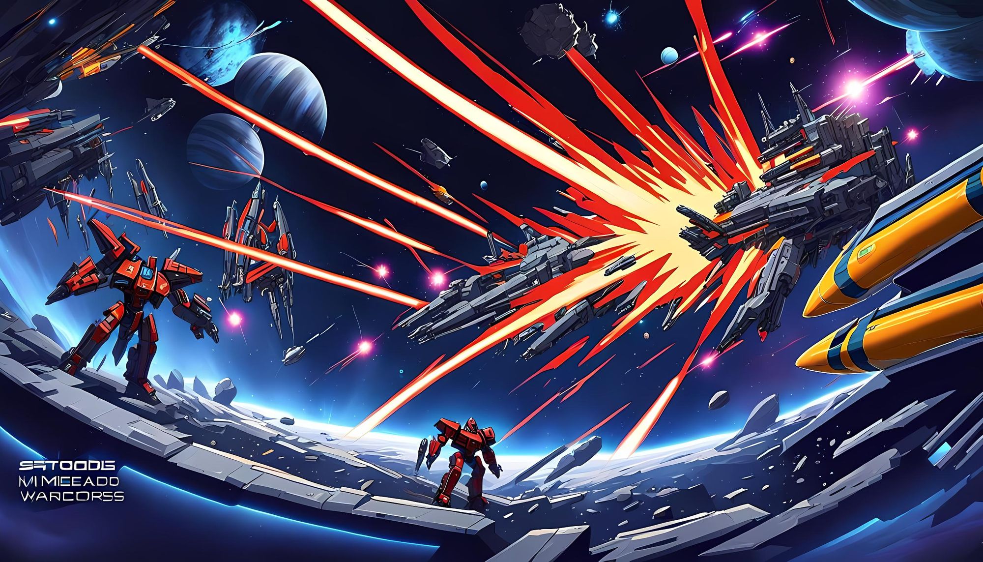 "Two colossal mecha warriors clash in a dramatic battle, suspended in the vastness of space. One mecha, sleek and angular, is covered in met...