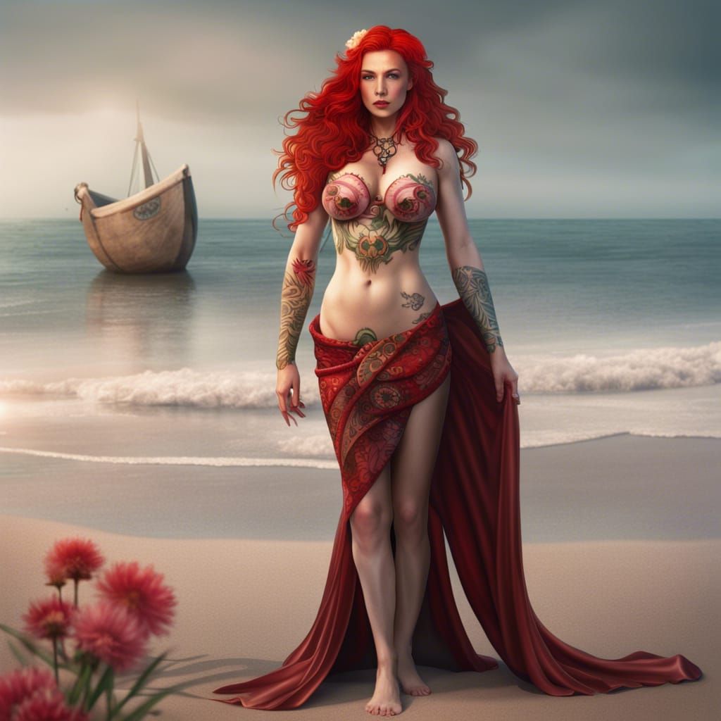 a woman in a bikini standing on a beach, award-winning fanta...