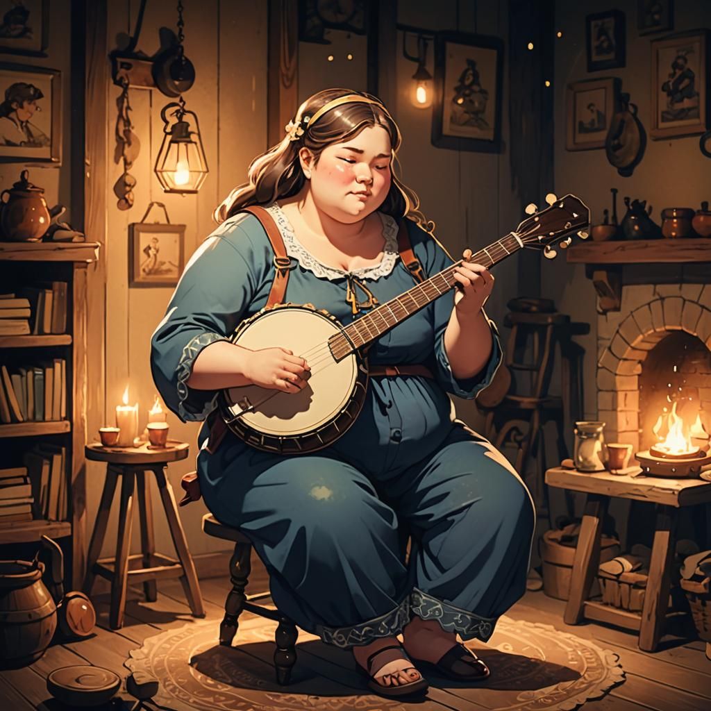 obese woman sitting on a small stool playing banjo in candle...
