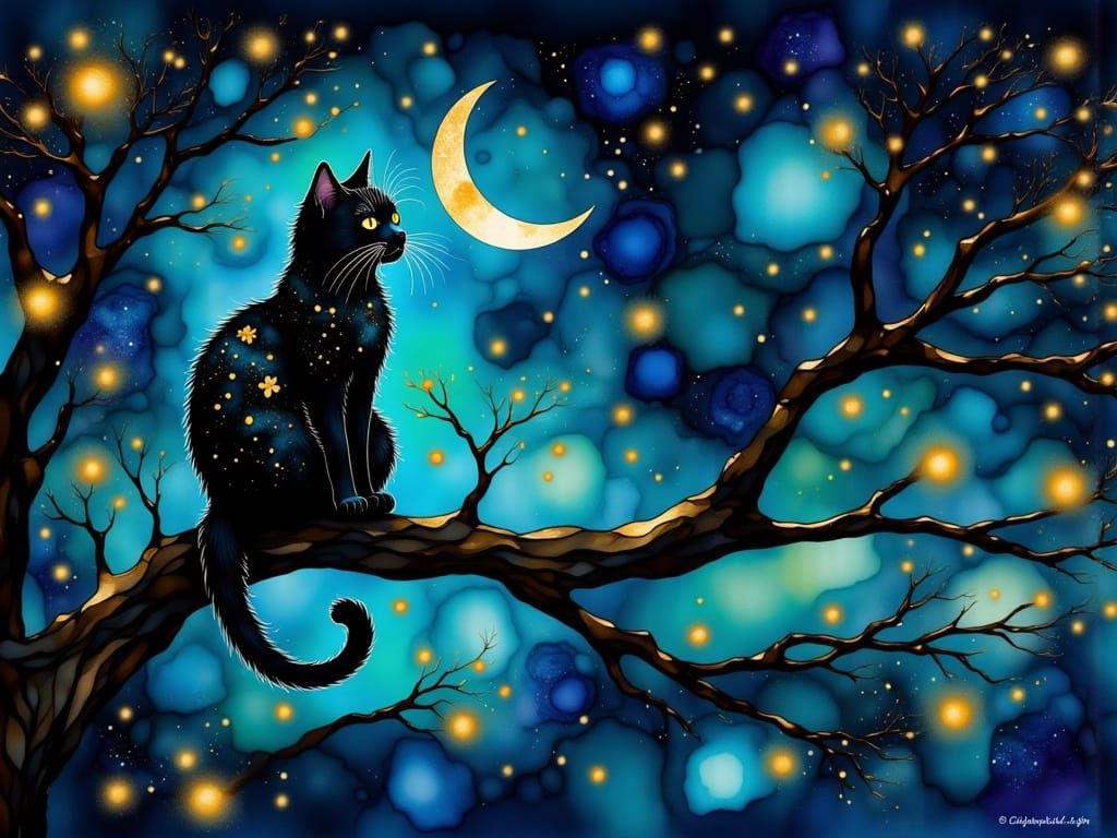 Whimsical cat watching the starry night   by @BabyLarpKitten
