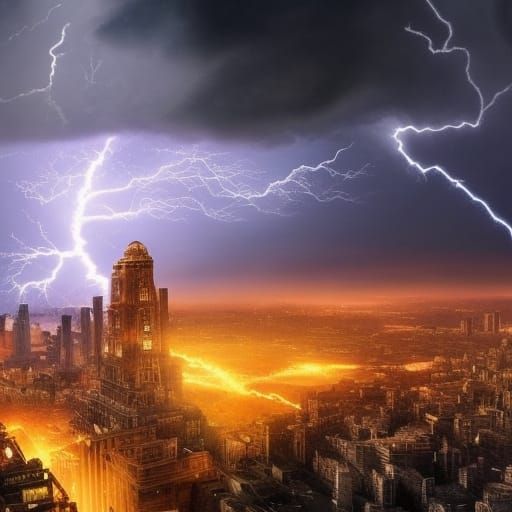 A large lightning strike striking the ground in the middle o...