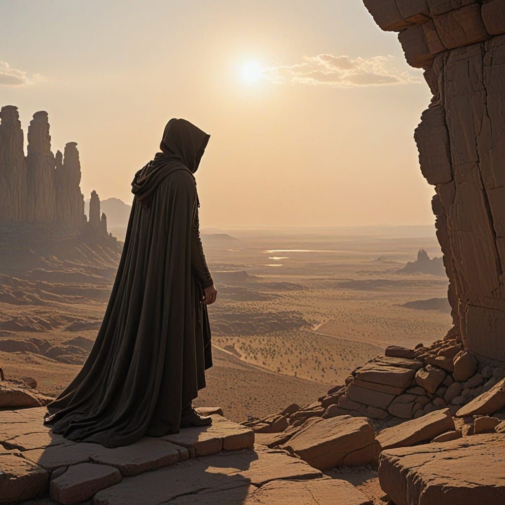 Mysterious Figure in Ancient Ruins Basks in Golden Sunset