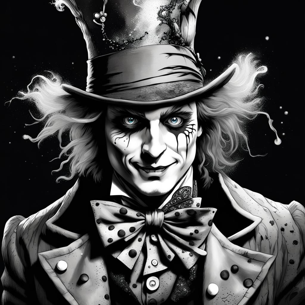 " dessin au trait de mad hatter au pays de la folie " 