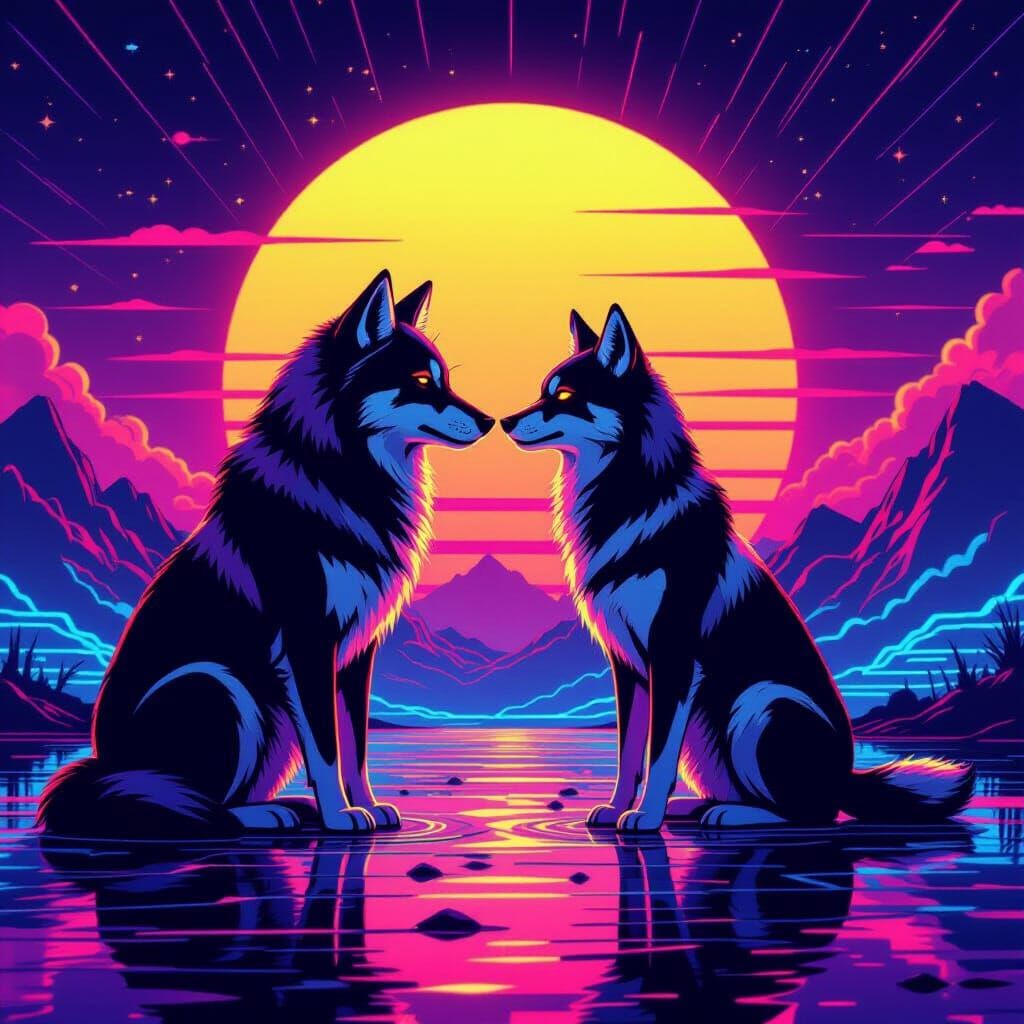 Animals United in Synthwave Neon Retro Landscape
