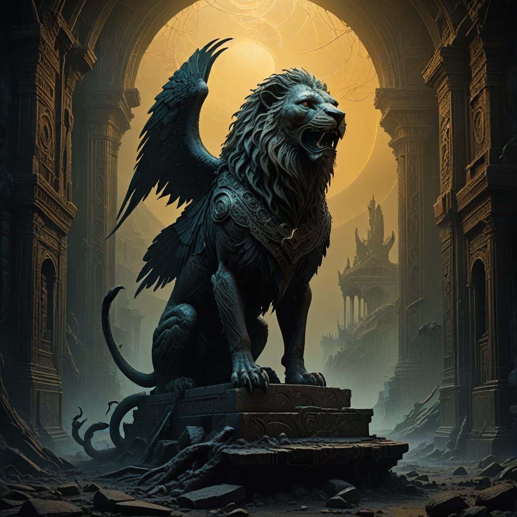 Majestic Lion-Eagle Hybrid in Dreamlike Ruins