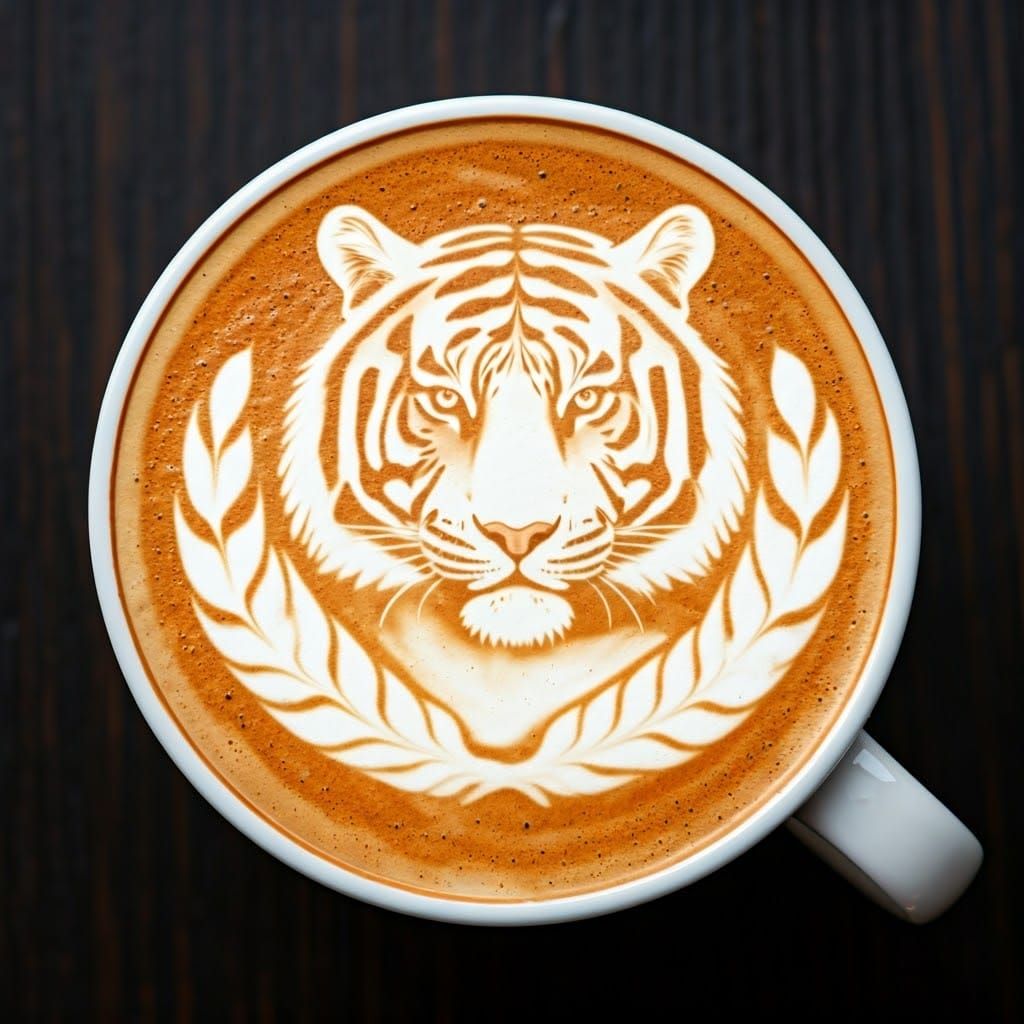 an outlined shape of a tiger image created from the froth on top of my latte with a feather looking border around the inside edge of the cup...