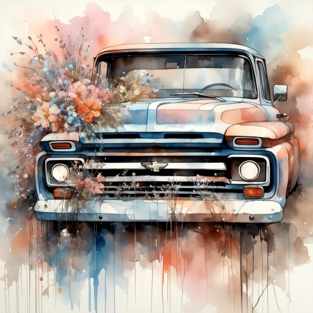 Dream wash, watercolor, <lora:DreamWash:1.0> 1959 Chevy truc...